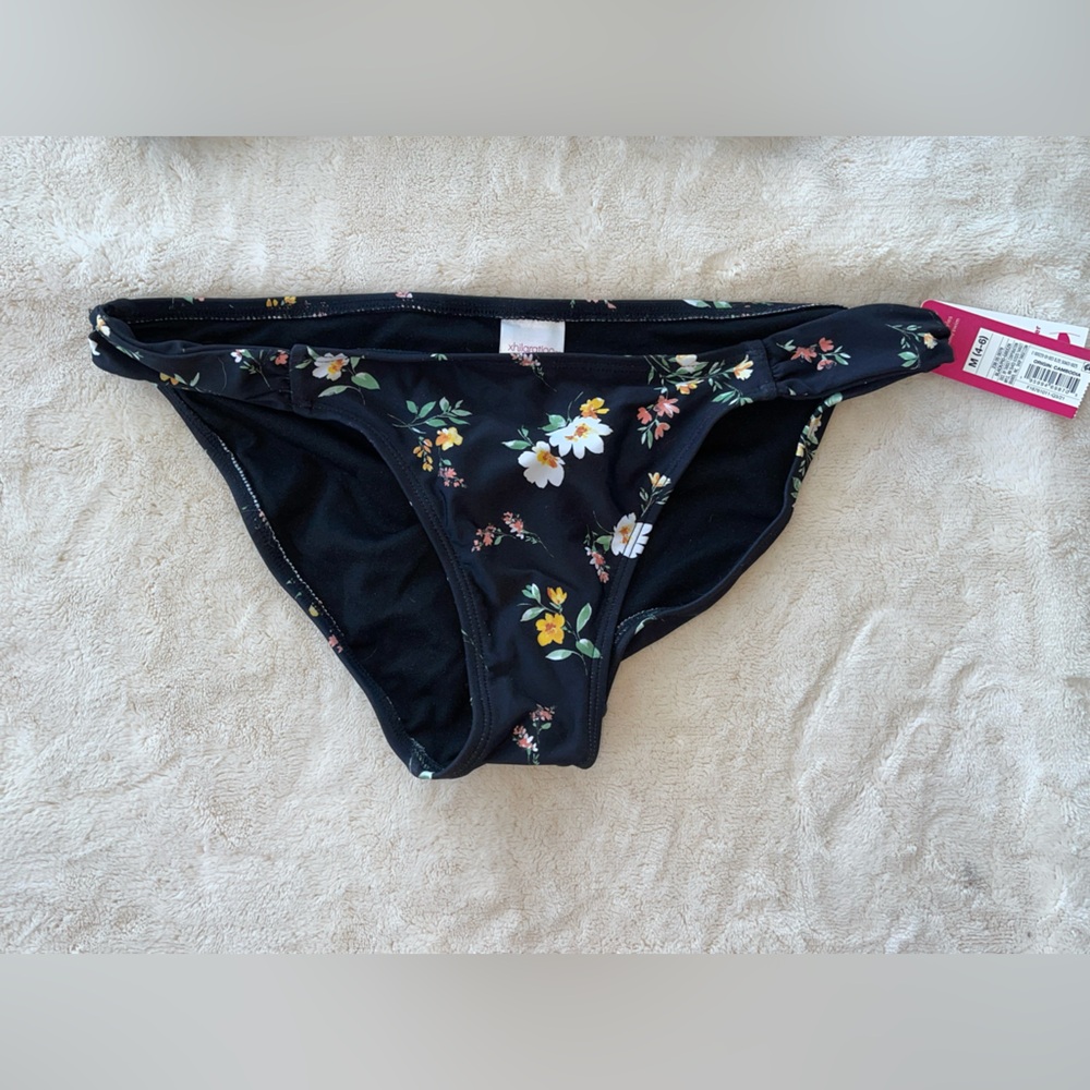 Xhilaration Swim Bikini Bottom Black & Floral Medium